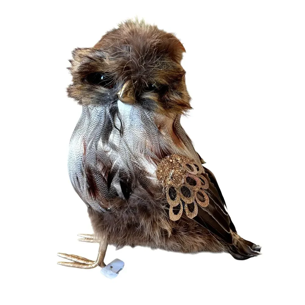 Set of 2 Feathered Owl Figurines 9.5in Chic Fall Decor by Mrs. Alice NEW